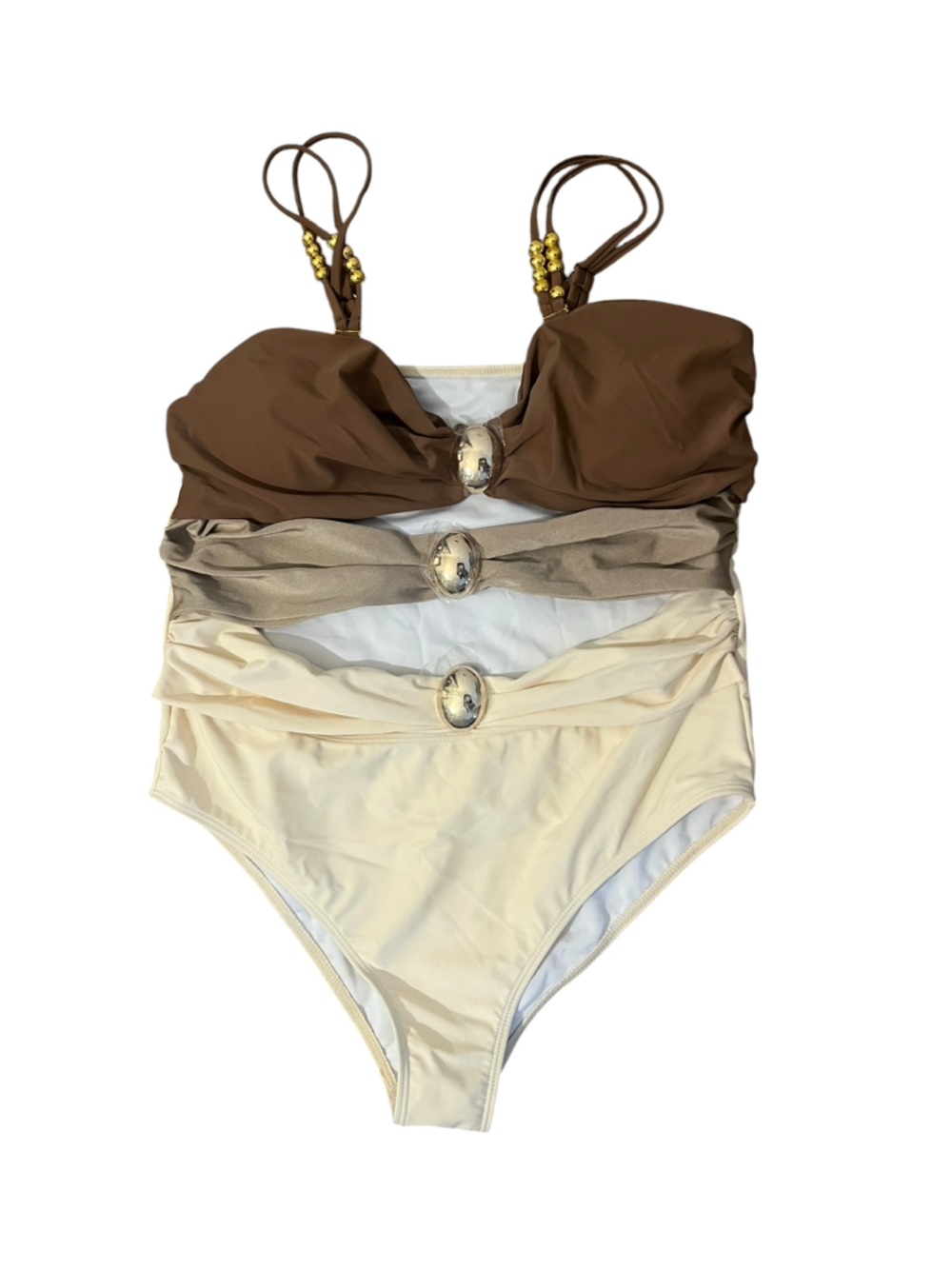 SHEIN Brown, Taupe & Cream One-Piece Swimsuit with Decorative Rings - Picture 3 of 5